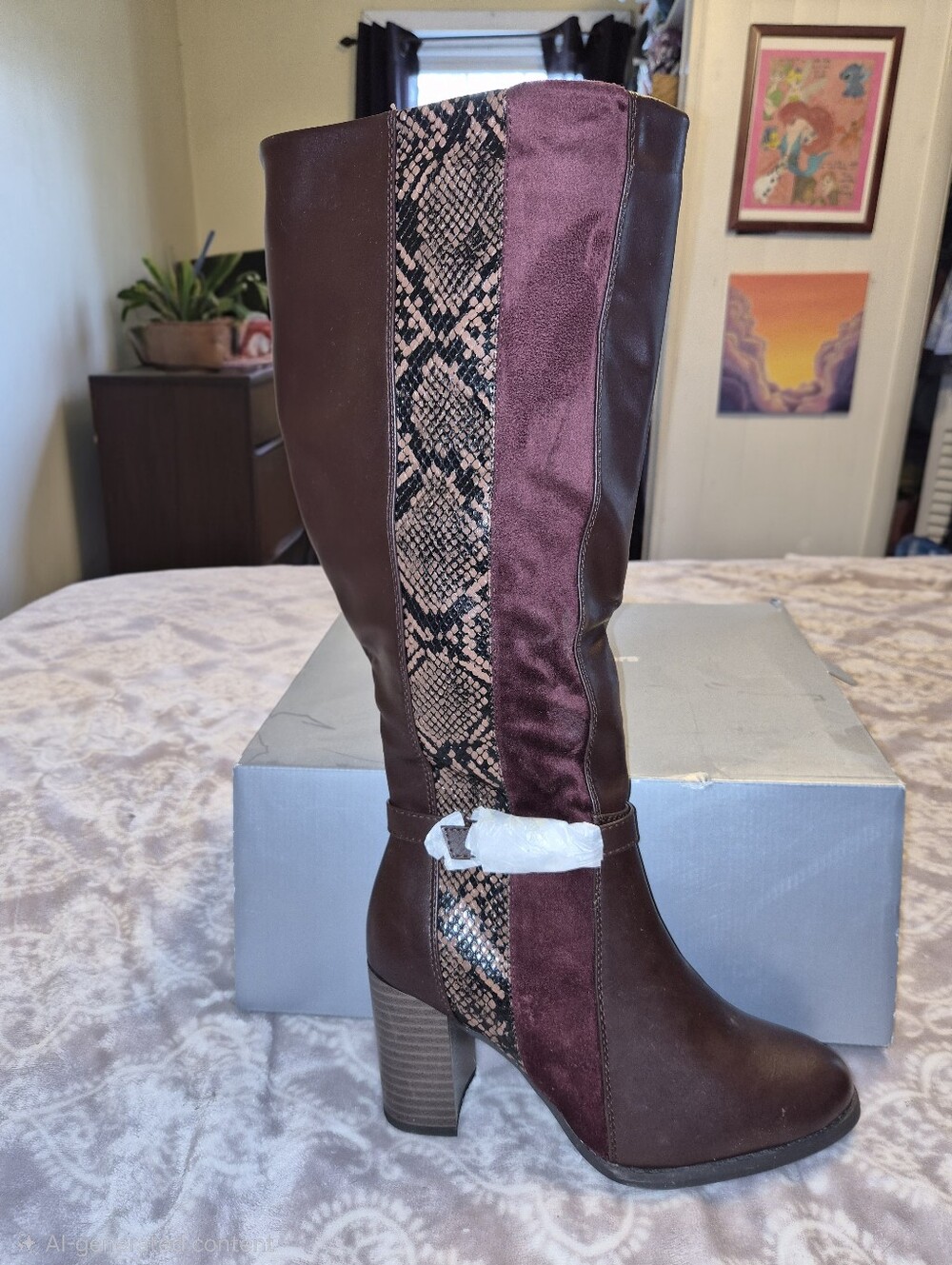 Women’s Tall Block Heel Boots in Brown And Burgandy with Snake-Print Accents